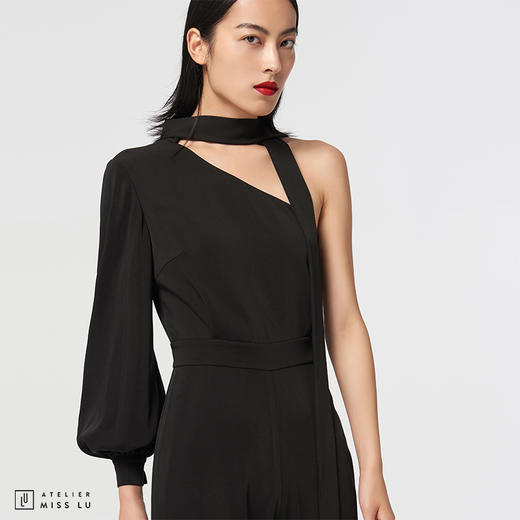 【我说了算】AtelierMissLu设计师黑色微光泽斜肩单袖阔腿连体裤/0000058 商品图0
