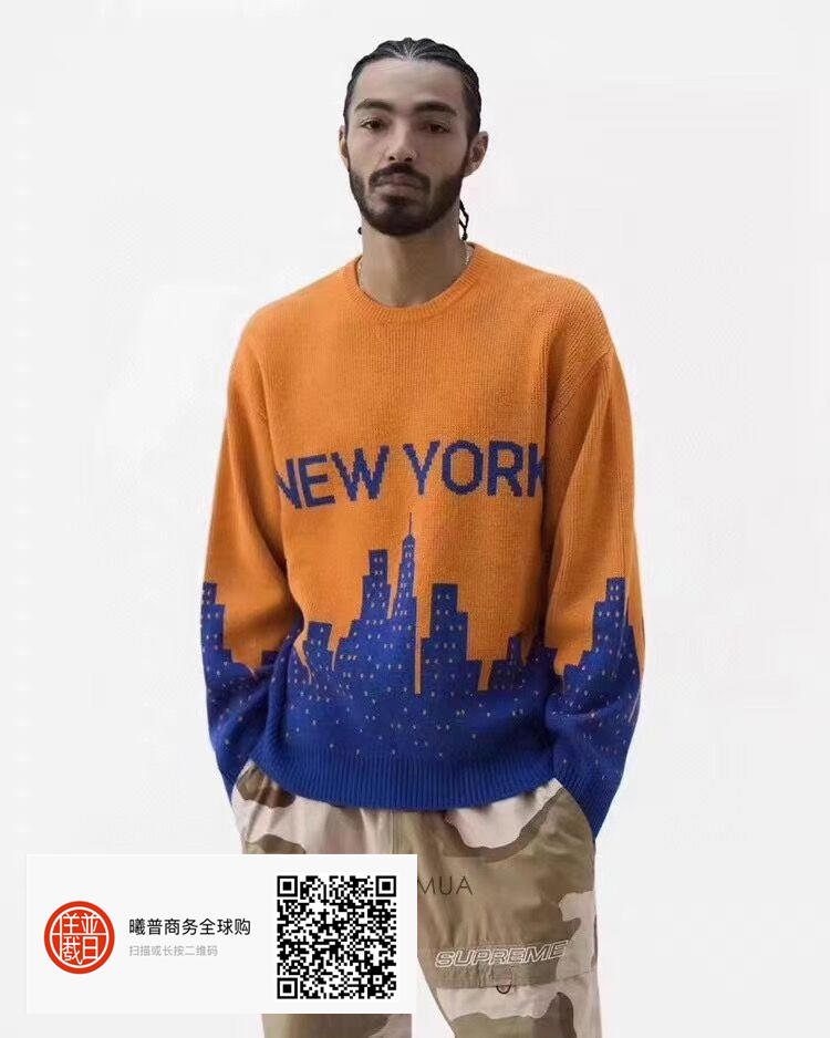 纽约城，夜景毛衣Supreme 20SS New York Sweater 白黑橘蓝黑红S-XL 男款