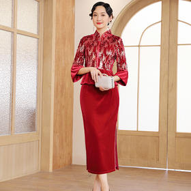 DLQ-A2623婚宴中式礼服红色丝绒款妈妈装旗袍裙套装