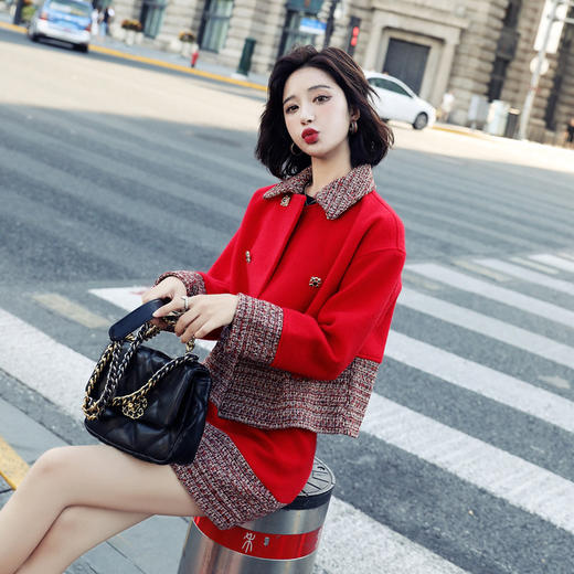 时尚修身毛呢百搭减龄两件套hrdmgy8827