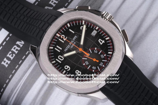 N百达翡丽新款计时手雷（计时Aquanaut）5968A彩色盘面和彩色胶带，表盘中央的计时秒针、刻度和6点位的30分钟计时盘刻度、计时指针都是橘黄色的 商品图2