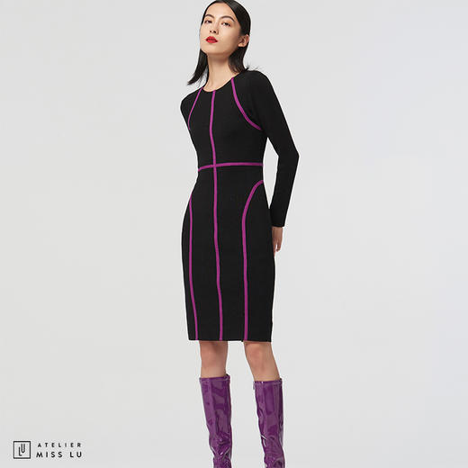 [提线玩偶]AtelierMissLu心机线条黑色撞色绵羊毛修身高弹连衣裙 商品图0
