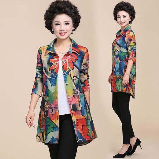 W-158874新款中长款妈妈装宽松大码开衫长袖风衣衬衫 商品图0