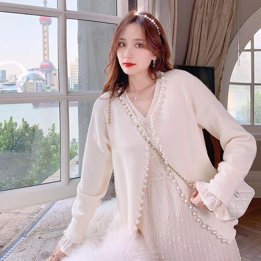 心子珍珠毛衣开衫外套女2020秋新款温柔宽松慵懒风网红针织衫上衣u20