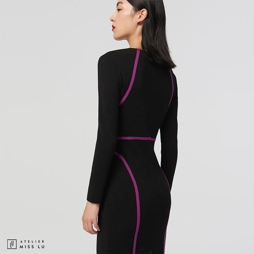 [提线玩偶]AtelierMissLu心机线条黑色撞色绵羊毛修身高弹连衣裙 商品图1