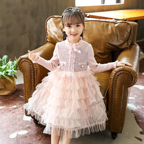 TYG-0F685女童毛衣拼接毛呢裙秋冬半高领儿童针织裙中大童小香风网纱蛋糕裙