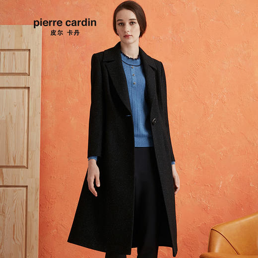 皮尔卡丹女装大衣黑色西服领长款通勤保暖羊毛呢外套P0410CL01N0
 商品图0