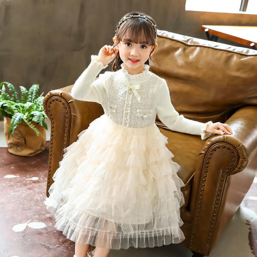 TYG-0F685女童毛衣拼接毛呢裙秋冬半高领儿童针织裙中大童小香风网纱蛋糕裙 商品图1