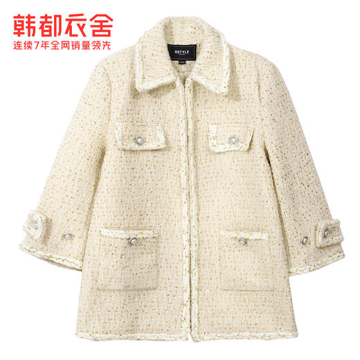 韩都衣舍冬季新款大翻领中长款羊毛粗花呢毛呢外套女JM10431 商品图3