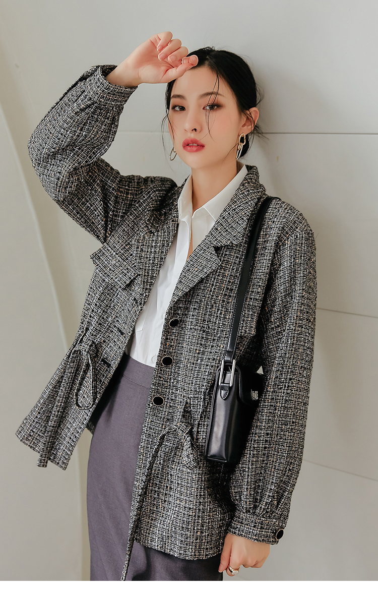 韩都衣舍2021春装新款女装格纹宽松显瘦系带长袖粗花呢外套rj6145