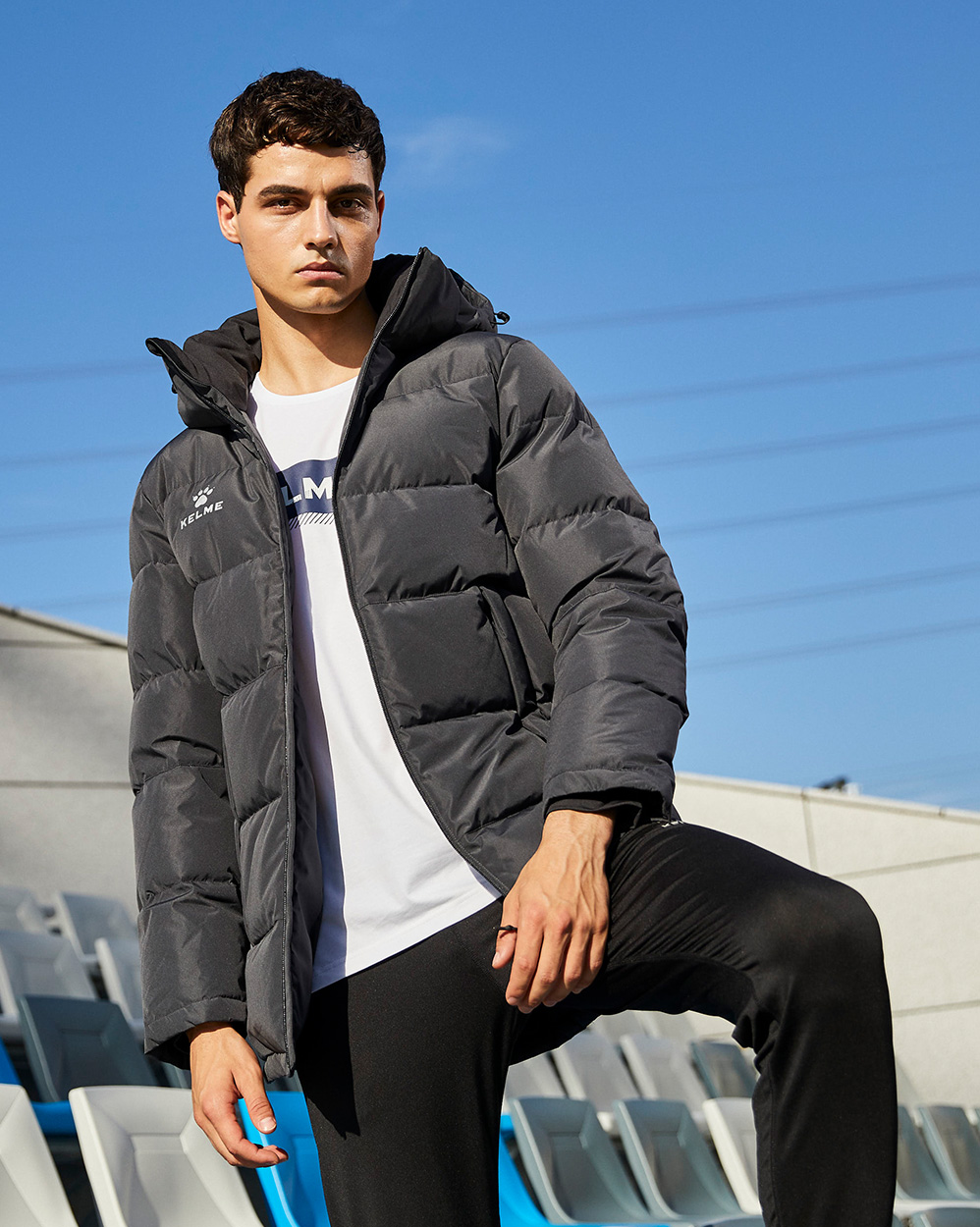kelme卡尔美运动羽绒服男中长款官方旗舰足球训练保暖连帽外套冬