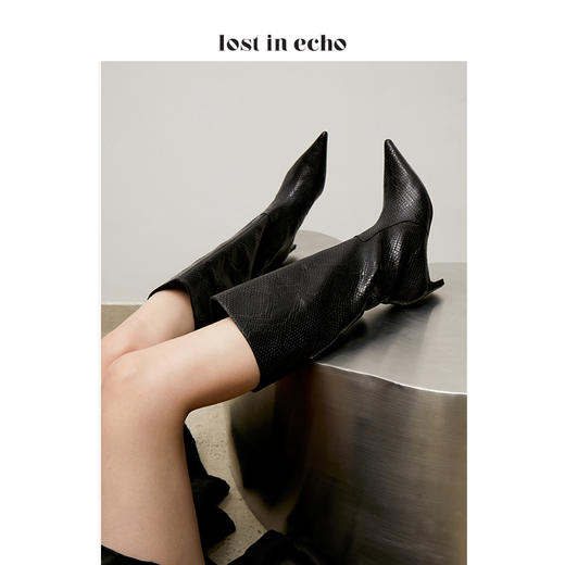 lost in echo 设计师原创 时尚宽筒尖头动物纹真皮牛皮 膝下靴 商品图0