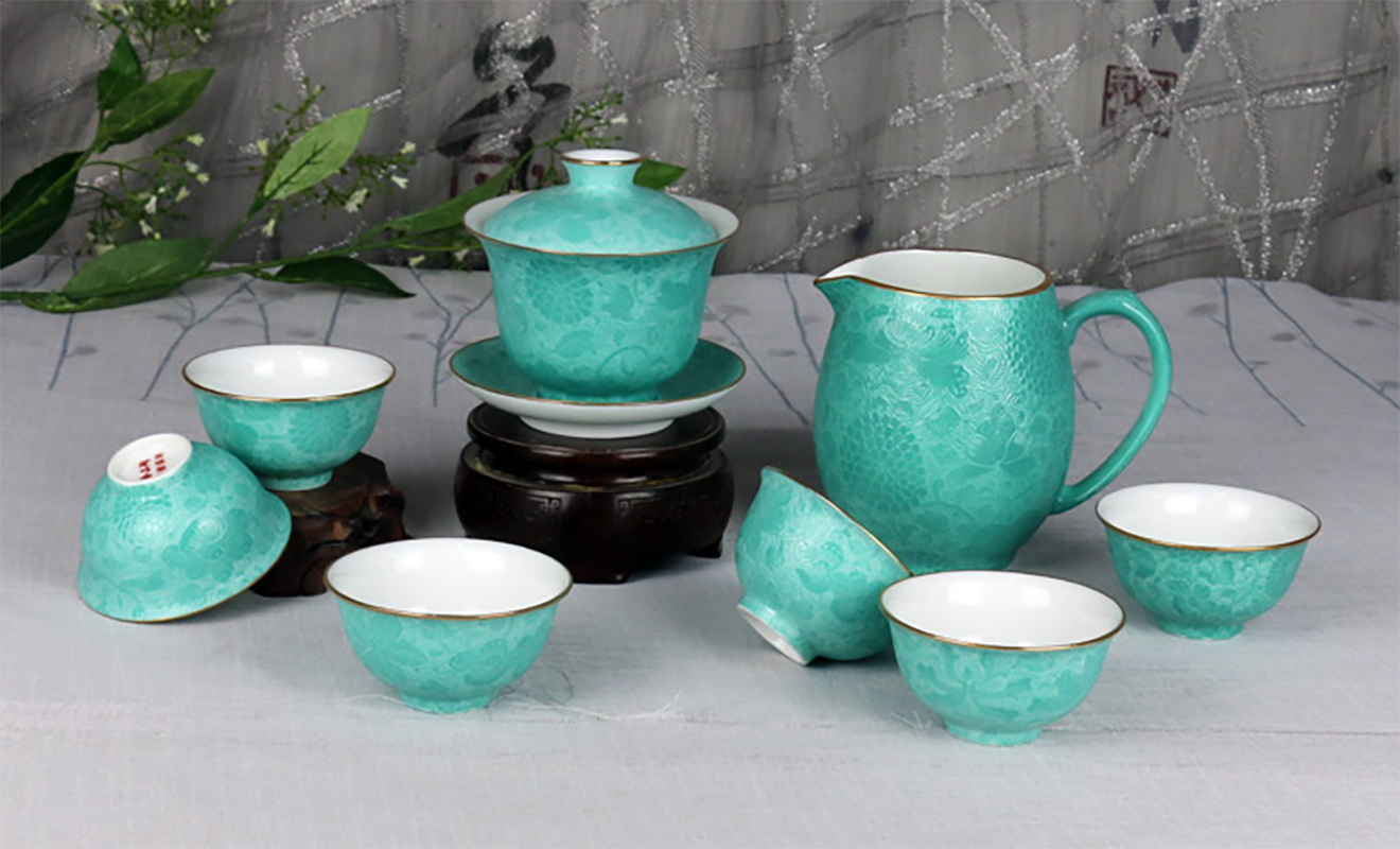 景德镇陶瓷 国瓷红叶 8头扒花茶具