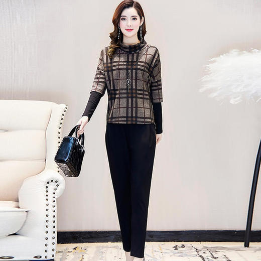YWE-86170K气质显瘦大码格子长袖卫衣休闲套装 商品图0