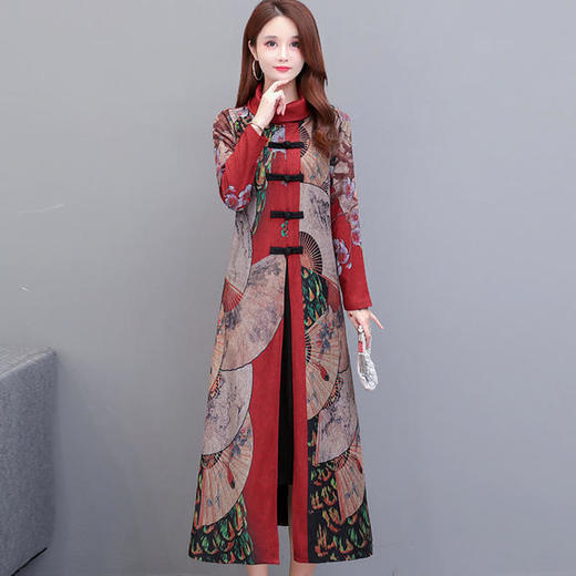 YWE-TYH7039新款优雅气质修身高领长袖仿貂绒印花加厚连衣裙 商品图1