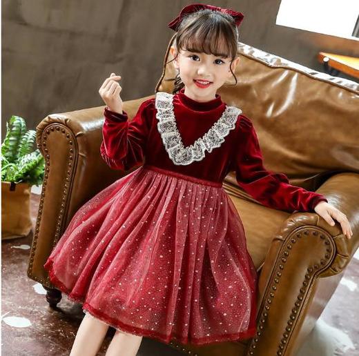 TG-0F996女童洋气连衣裙亮晶晶网纱裙2020秋冬季加绒公主裙儿童金丝绒纱裙 商品图0