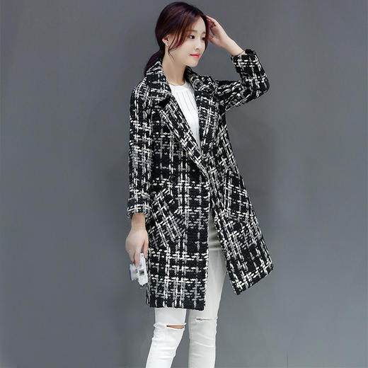 WZNH-YKX1935女中长款韩版新款2020年秋冬修身纯色显瘦千鸟格毛呢外套 商品图3