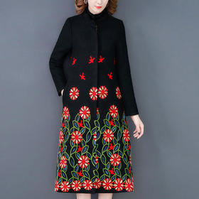 AHM-ess1573新款复古气质宽松大码刺绣毛呢外套