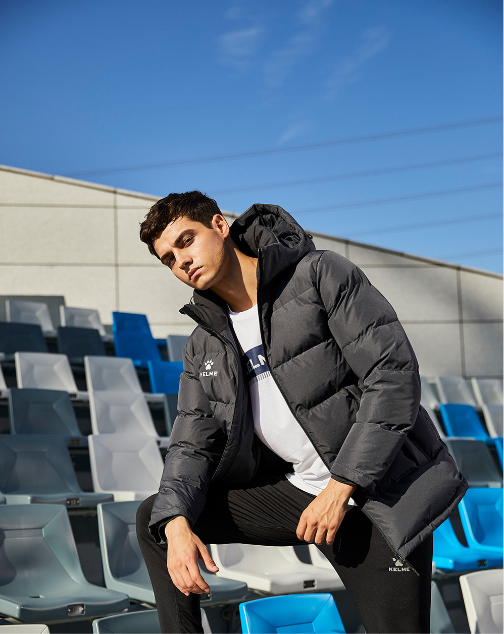 kelme卡尔美运动羽绒服男中长款官方旗舰足球训练保暖连帽外套冬