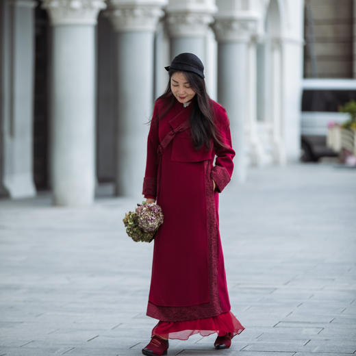 【林栖设计小店】【现货】新款秋冬女装刺绣双面呢羊毛呢子大衣中长款毛呢红色外套1914003 商品图5