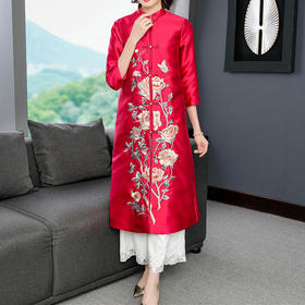 FNZD5050新款中国风优雅气质宽松立领中长款刺绣风衣外套