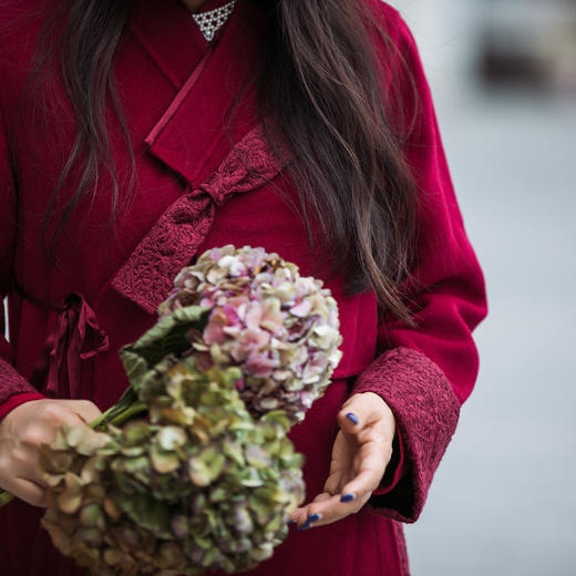 【林栖设计小店】【现货】新款秋冬女装刺绣双面呢羊毛呢子大衣中长款毛呢红色外套1914003 商品图7