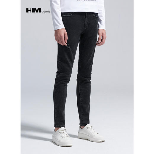 HIM漢崇 男装破洞牛仔裤秋季新青年潮流个性简约洗水灰牛仔裤 商品图1