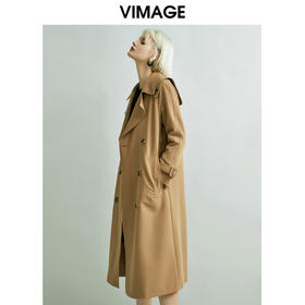 VIMAGE纬漫纪女装翻领经典显瘦收腰长款风衣外套VC2004006
