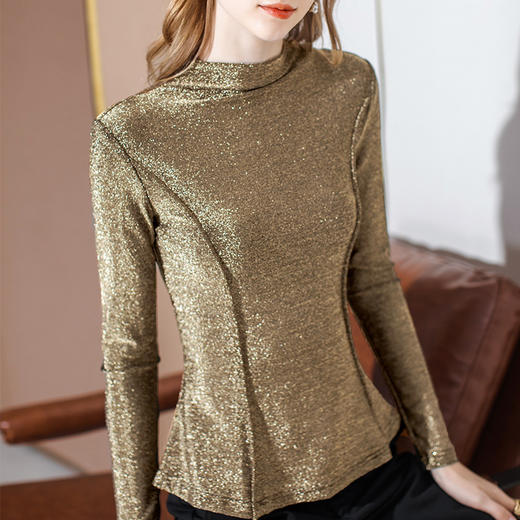 DY-AL30935半高领打底衫女秋冬内搭亮丝长袖t恤小立领闪光丝收腰潮流上衣 商品图1