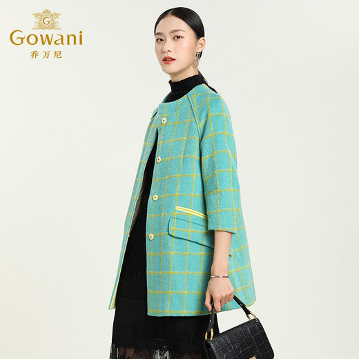 乔万尼冬季格纹九分袖羊毛大衣中长款拼接毛呢外套E154A276 商品图2