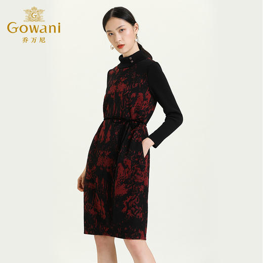 乔万尼秋冬新款高领针织拼接印花宽松羊毛收腰显瘦设计感连衣裙ES4E303 商品图1