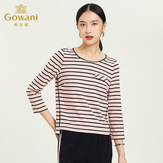 乔万尼秋季圆领七分袖上女显瘦修身条纹气质T恤女EN3C343 商品图1