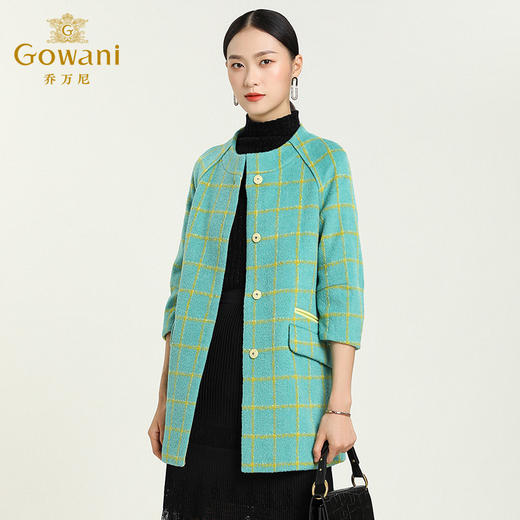 乔万尼冬季格纹九分袖羊毛大衣中长款拼接毛呢外套E154A276 商品图1