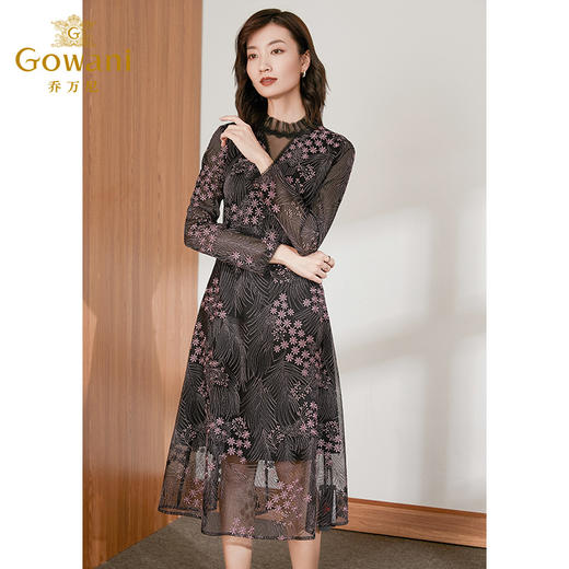 乔万尼秋季新款刺绣拼接网纱重工烫钻性感收腰显瘦优雅连衣裙ES4E357 商品图1