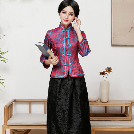 FD-QC1697379新款民族风优雅修身真丝印花旗袍上衣半身裙两件套TZF 商品图2