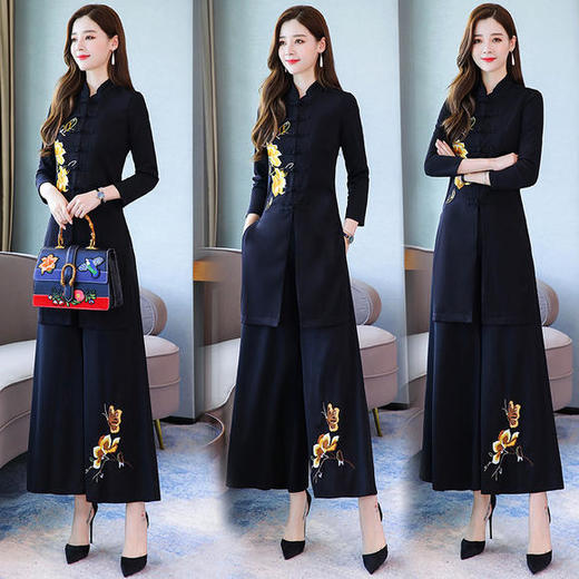 WZNH-HRYZ657新款中国风复古阔腿裤套装 商品图1