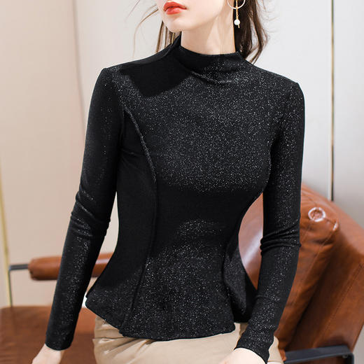 DY-AL30935半高领打底衫女秋冬内搭亮丝长袖t恤小立领闪光丝收腰潮流上衣 商品图4