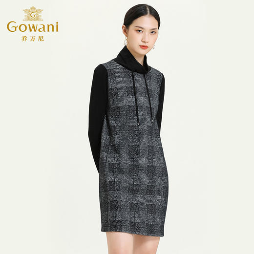 乔万尼秋冬高领设计保暖舒适羊毛针织拼接复古优雅连衣裙ES4E329 商品图2