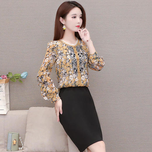 QYM-X7127新款时尚气质修身圆领长袖印花拼接假两件连衣裙 商品图2