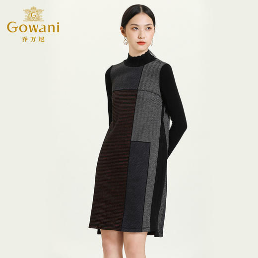 乔万尼秋冬新款艺术格纹印花花边立领羊毛设计感宽松舒适感连衣裙ES4E307 商品图1