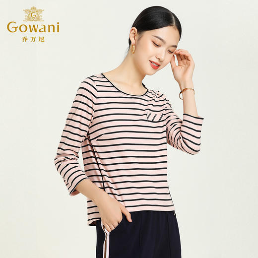 乔万尼秋季圆领七分袖上女显瘦修身条纹气质T恤女EN3C343 商品图3