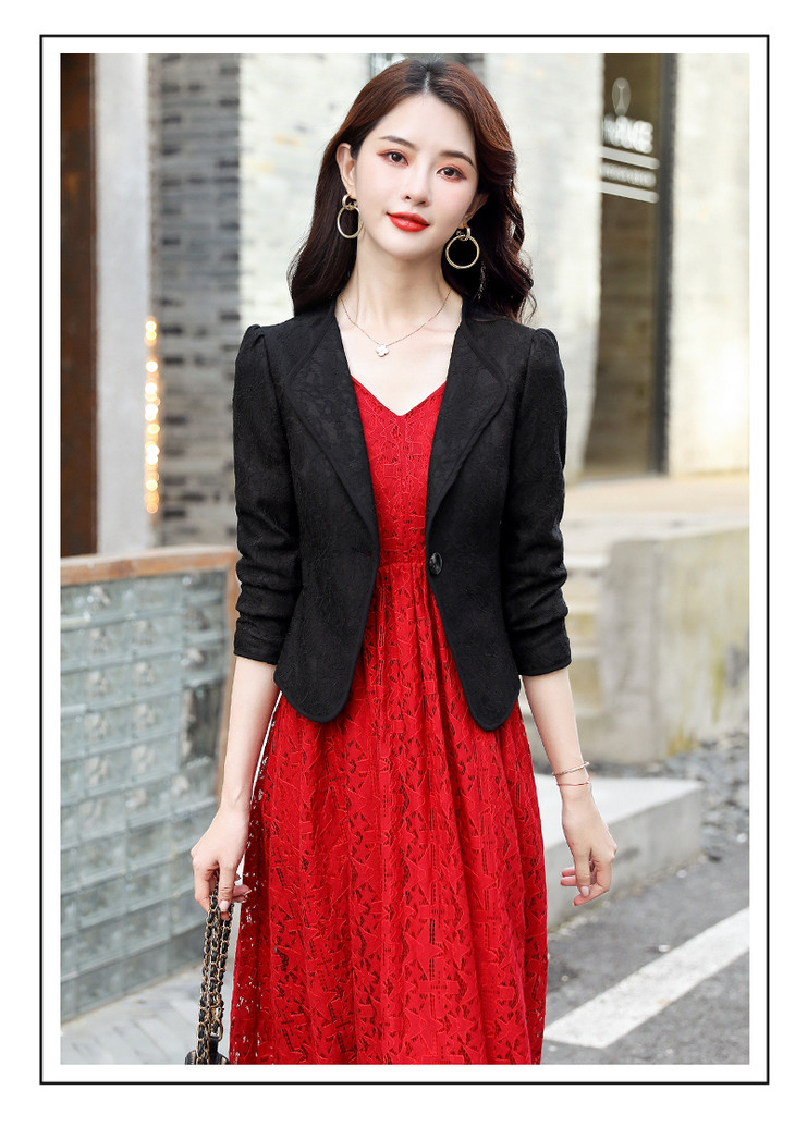 新款韩版百搭配旗袍裙子外搭蕾丝小西装hr9201501