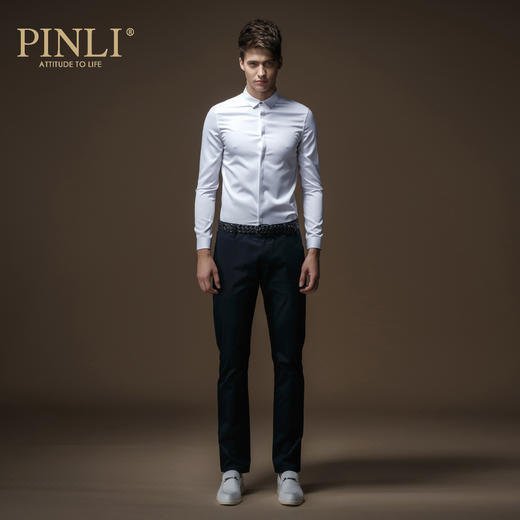 PINLI 品立衬衫男士秋季抗皱免烫长袖白色时尚衬衣微弹修身男上衣C029 商品图3