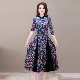 WE-20B08 金丝绒印花连衣裙女中长款过膝2020秋新款修身长袖气质优雅a字裙