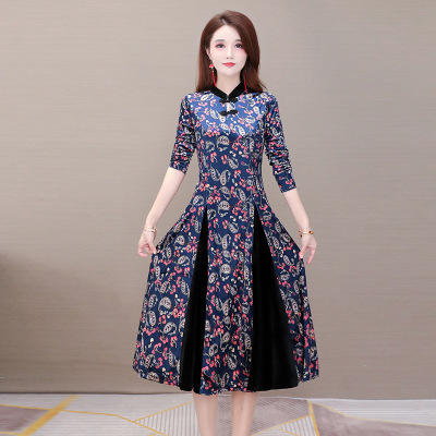 WE-20B08 金丝绒印花连衣裙女中长款过膝2020秋新款修身长袖气质优雅a字裙 商品图0