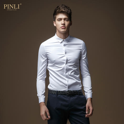 PINLI 品立衬衫男士秋季抗皱免烫长袖白色时尚衬衣微弹修身男上衣C029 商品图2