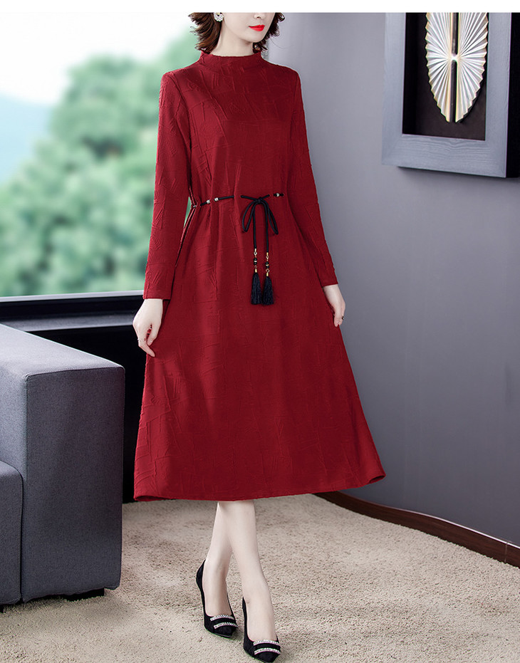 秋冬立领针织连衣裙过膝中长款裙htyr9506