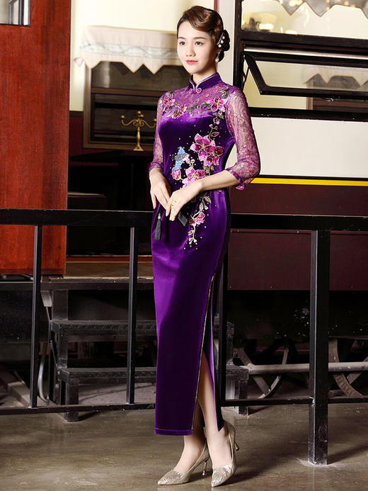DLQ-A2640新款中国风优雅气质修身立领七分袖丝绒刺绣长款礼服裙TZF 商品图1