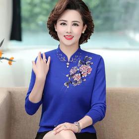 W-265788新款中老年洋气旗袍领刺绣花打底衫Y