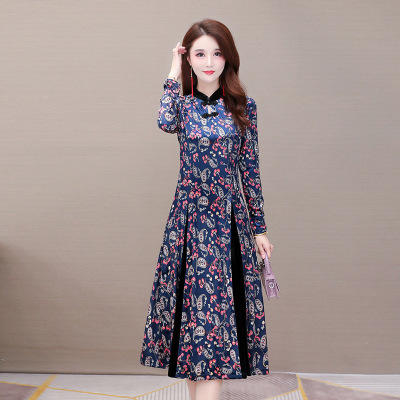 WE-20B08 金丝绒印花连衣裙女中长款过膝2020秋新款修身长袖气质优雅a字裙 商品图1